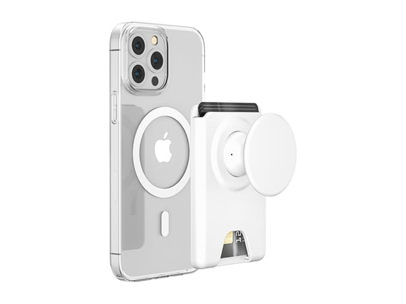 Soporte magnético para billetera con agarre para teléfono, expandible y plegable, color blanco