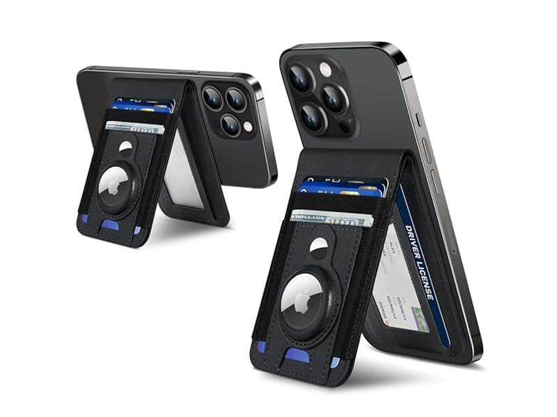 Soporte magnético para billetera con soporte Airtag Ventana de identificación 4 ranuras para tarjetas RFI